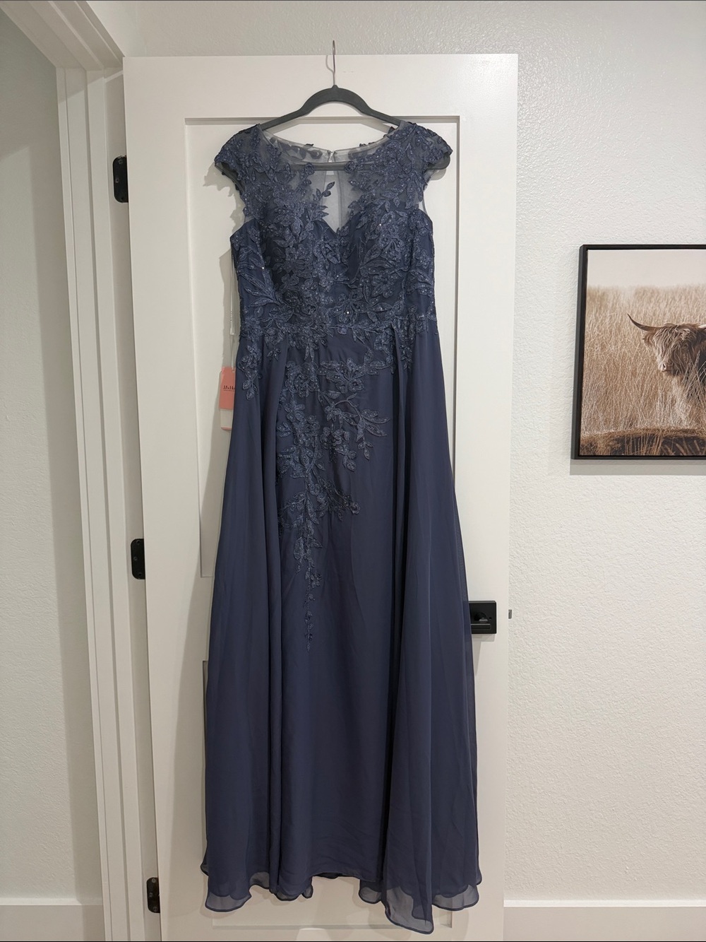 JJs House Navy Lace Appliqué Chiffon Maxi Dress